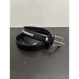 Nanni Italy Black Leather Belt Silver Euro Metal Buckle Chain Mail Inlay 95/38